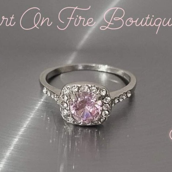 PINK STONE SILVER RING W/ CUBIC ZIRCONIA DIAMONDS! - Picture 2 of 2